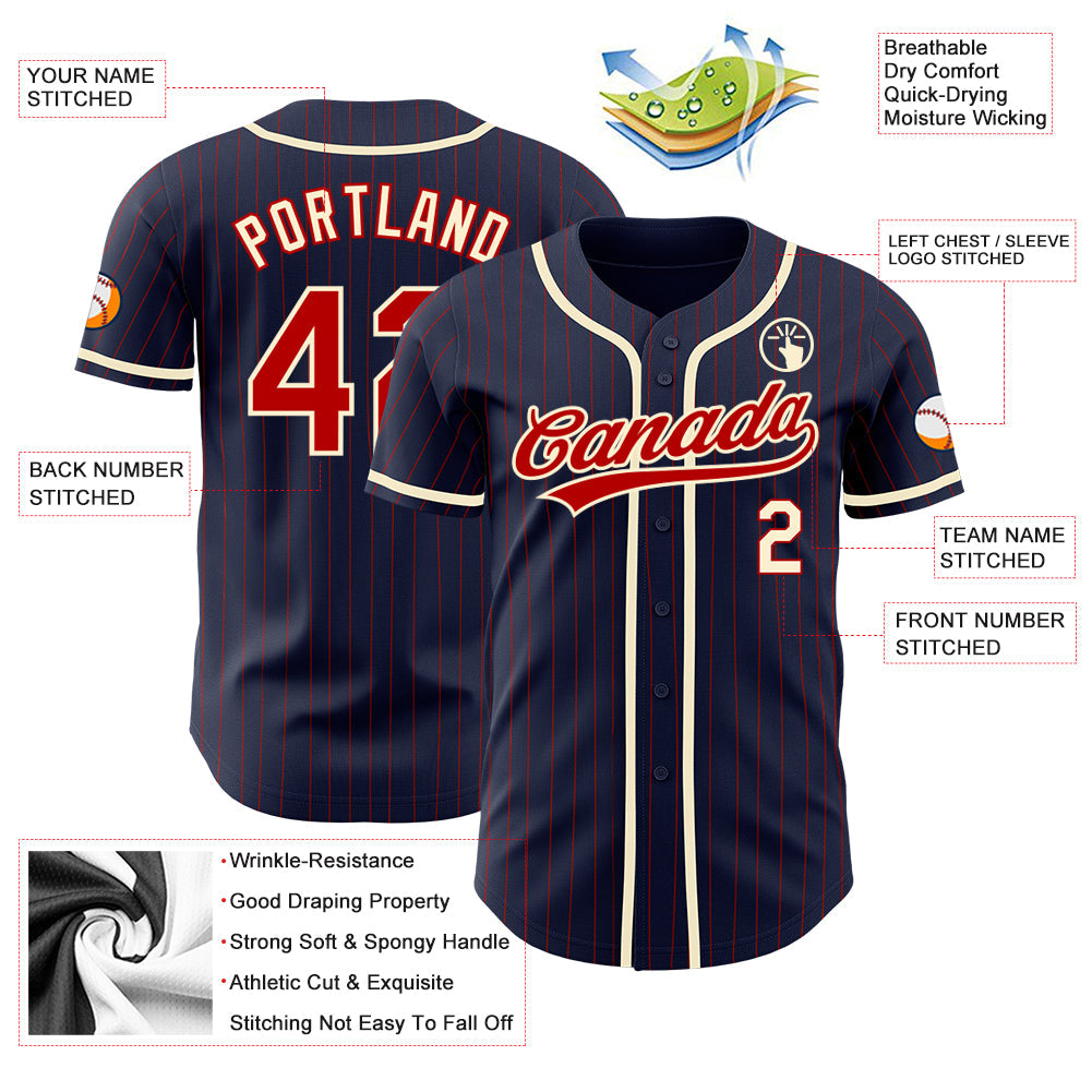 Custom Navy Red Pinstripe Cream Authentic Baseball Jersey baseball jersey product view 3