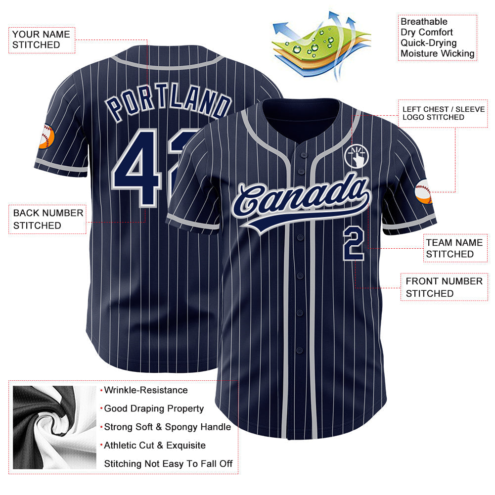 Custom Navy White Pinstripe Gray Authentic Baseball Jersey baseball jersey product view 3