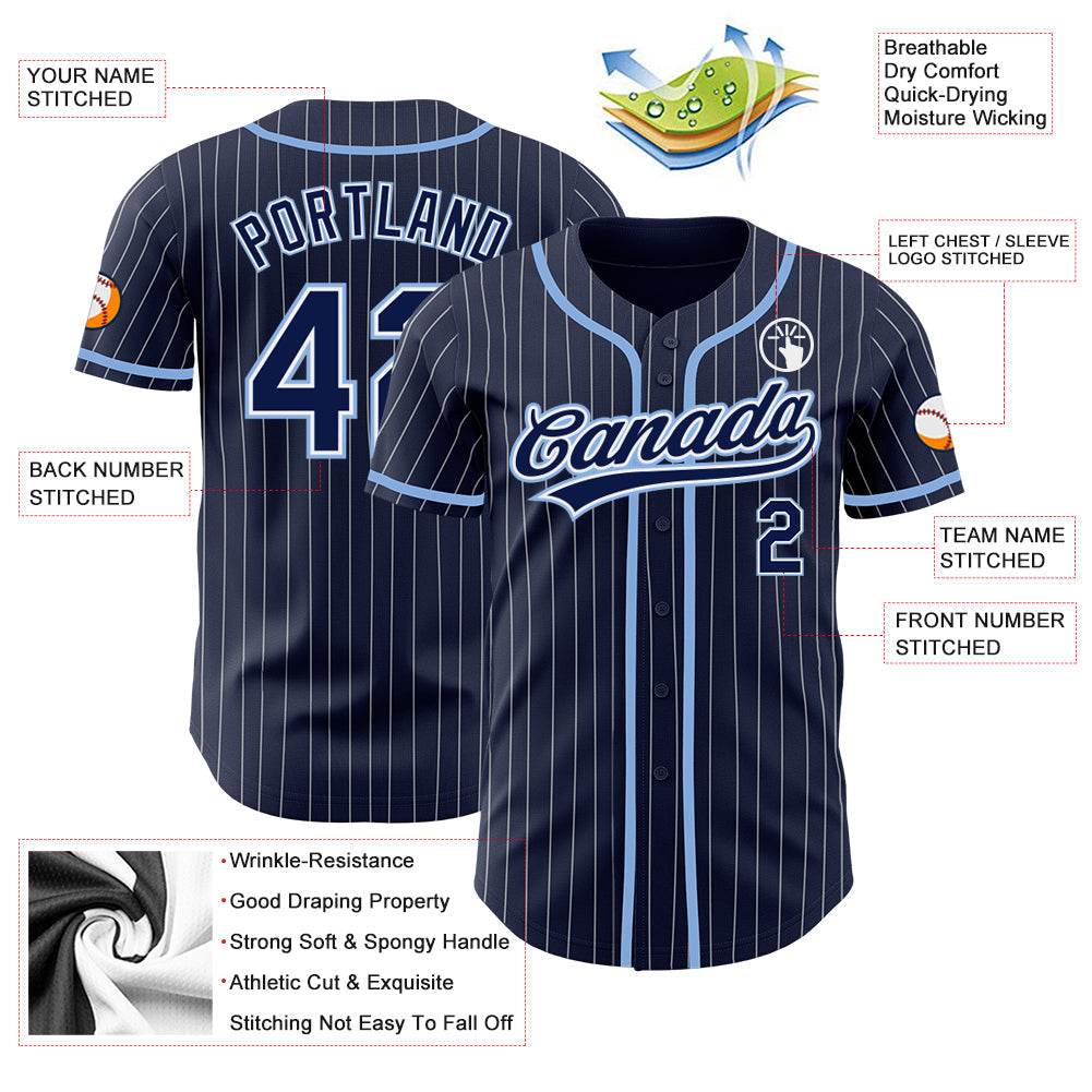 Custom Navy White Pinstripe Light Blue Authentic Baseball Jersey baseball jersey product view 3