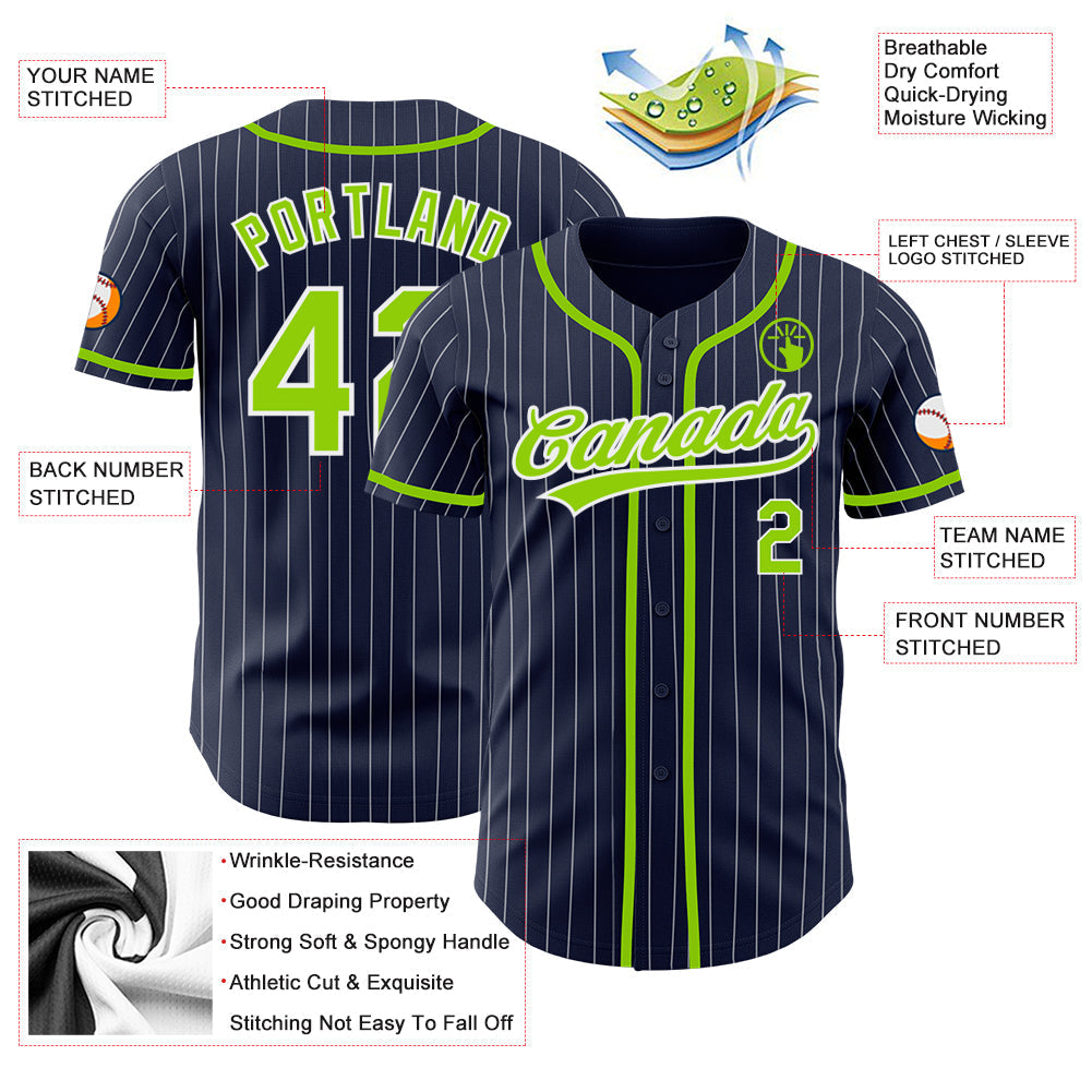 Custom Navy White Pinstripe Neon Green Authentic Baseball Jersey baseball jersey product view 3