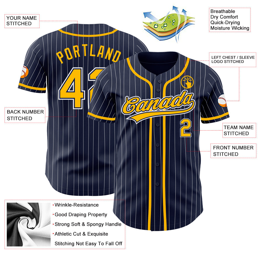 Custom Navy White Pinstripe Gold Authentic Baseball Jersey baseball jersey product view 3