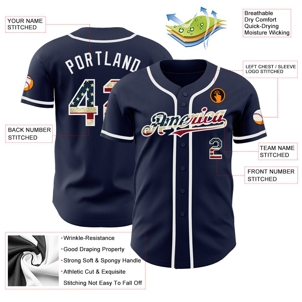 Custom Navy Vintage USA Flag-White Authentic Baseball Jersey baseball jersey product view 4