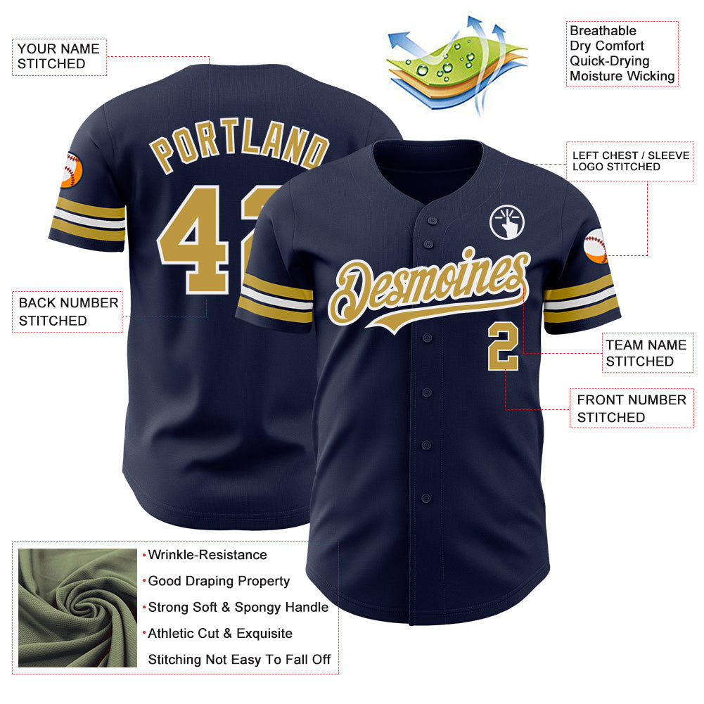 Custom Navy Old Gold-White Authentic Baseball Jersey baseball jersey product view 3