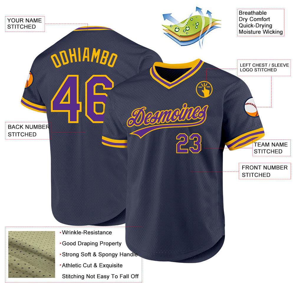 Custom Navy Purple-Gold Authentic Throwback Baseball Jersey baseball jersey product view 3