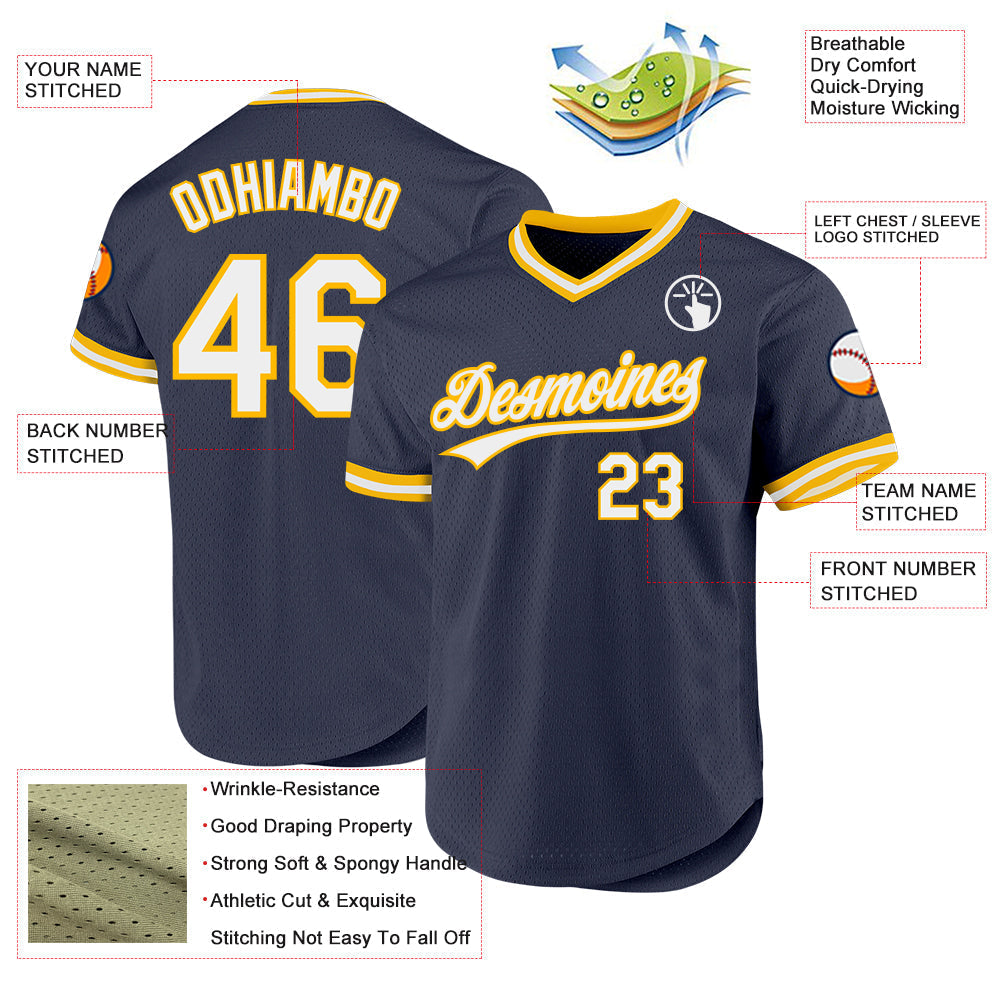 Custom Navy White-Gold Authentic Throwback Baseball Jersey baseball jersey product view 3