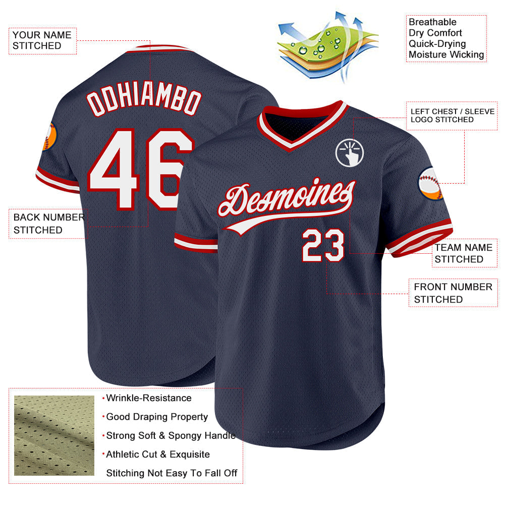 Custom Navy White-Red Authentic Throwback Baseball Jersey baseball jersey product view 3