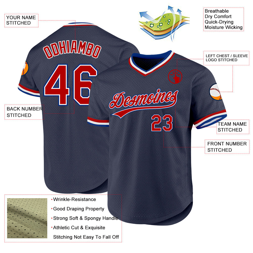 Custom Navy Red-Royal Authentic Throwback Baseball Jersey baseball jersey product view 3