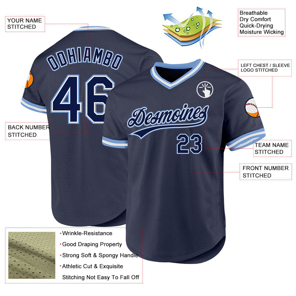 Custom Navy Light Blue-White Authentic Throwback Baseball Jersey baseball jersey product view 3