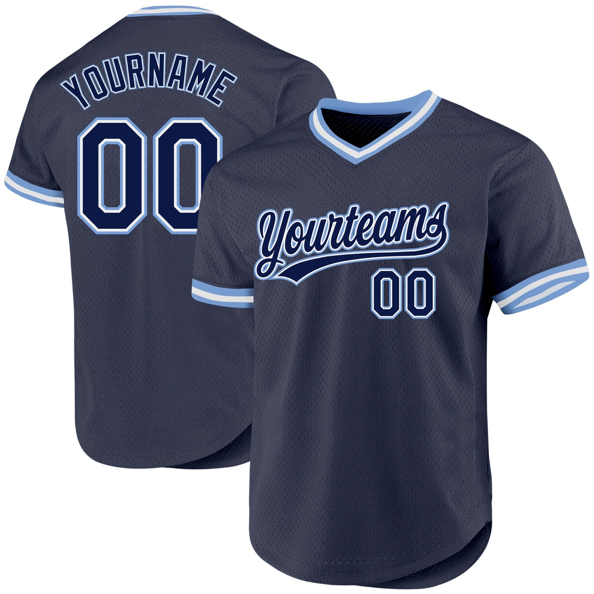 Custom Navy Light Blue-White Authentic Throwback Baseball Jersey baseball jersey product view 1
