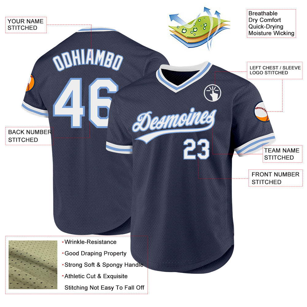 Custom Navy White-Light Blue Authentic Throwback Baseball Jersey baseball jersey product view 3