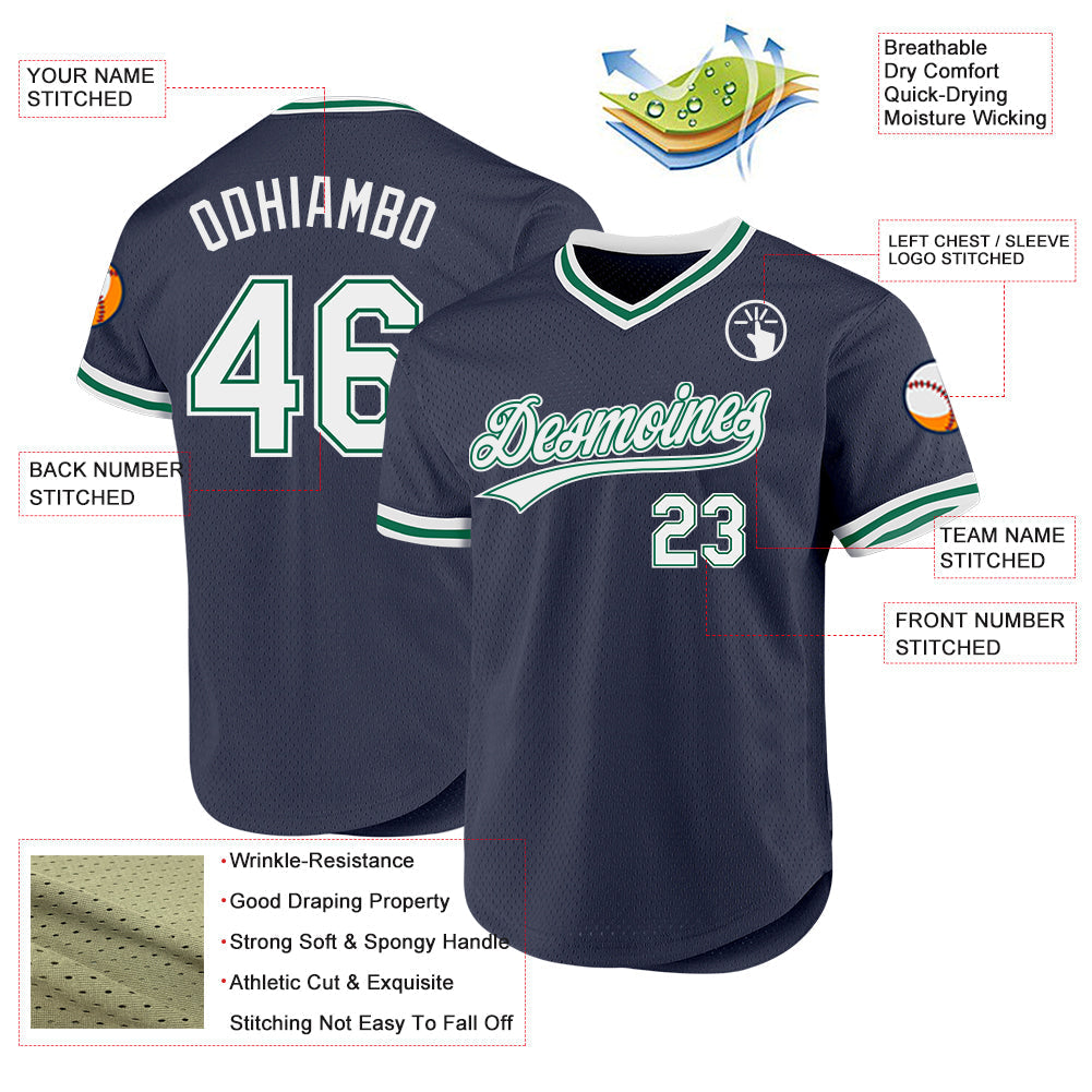 Custom Navy White-Kelly Green Authentic Throwback Baseball Jersey baseball jersey product view 3