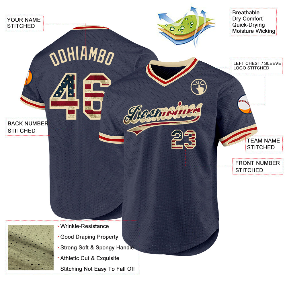 Custom Navy Vintage USA Flag Cream-Red Authentic Throwback Baseball Jersey baseball jersey product view 3