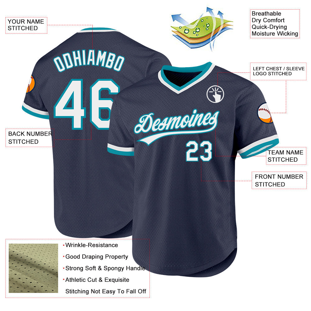 Custom Navy White-Teal Authentic Throwback Baseball Jersey baseball jersey product view 3