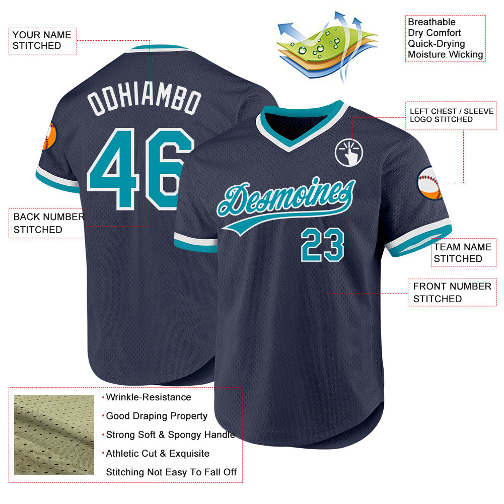 Custom Navy Teal-White Authentic Throwback Baseball Jersey baseball jersey product view 3