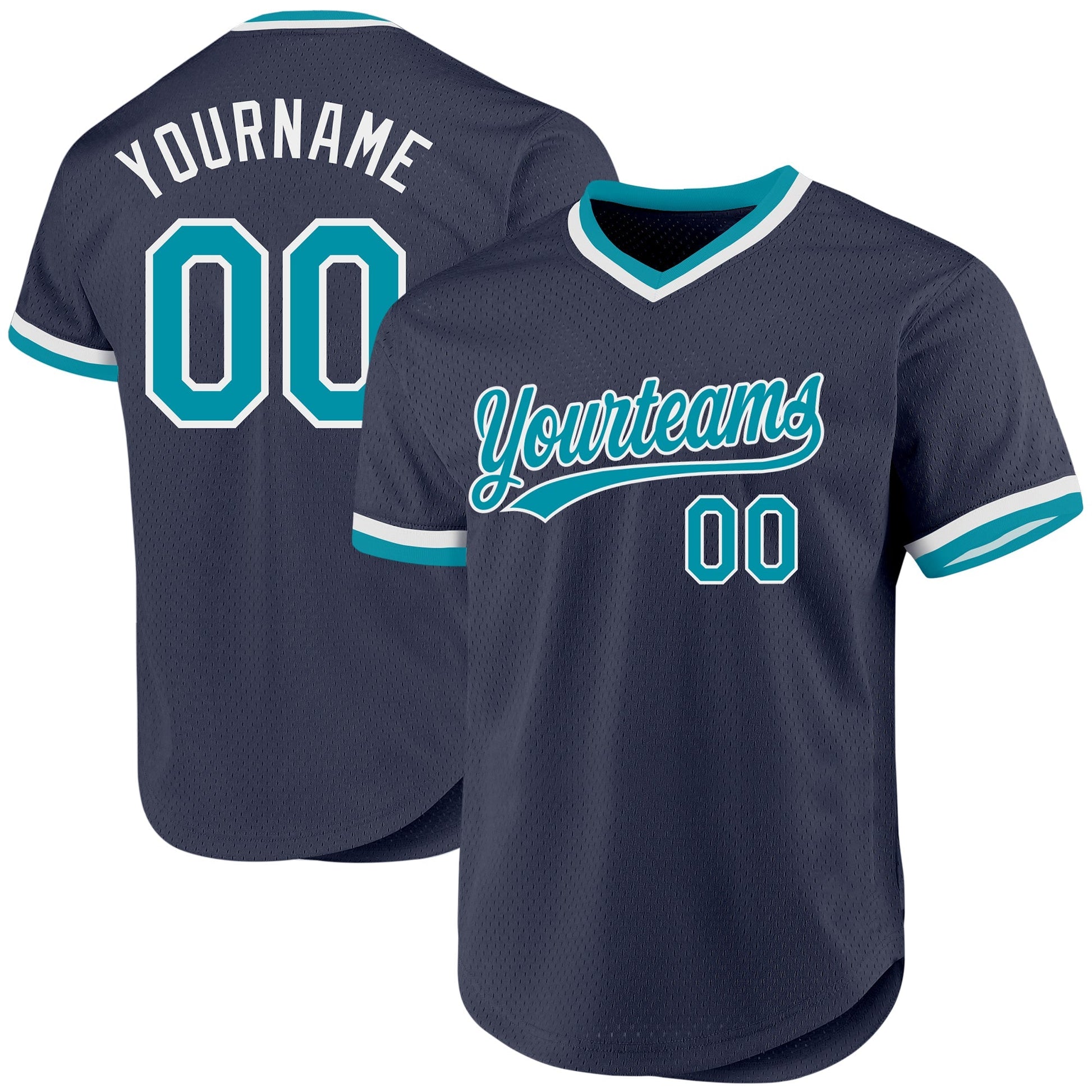 Custom Navy Teal-White Authentic Throwback Baseball Jersey baseball jersey product view 1