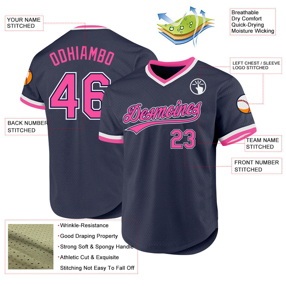 Custom Navy Pink-White Authentic Throwback Baseball Jersey baseball jersey product view 3