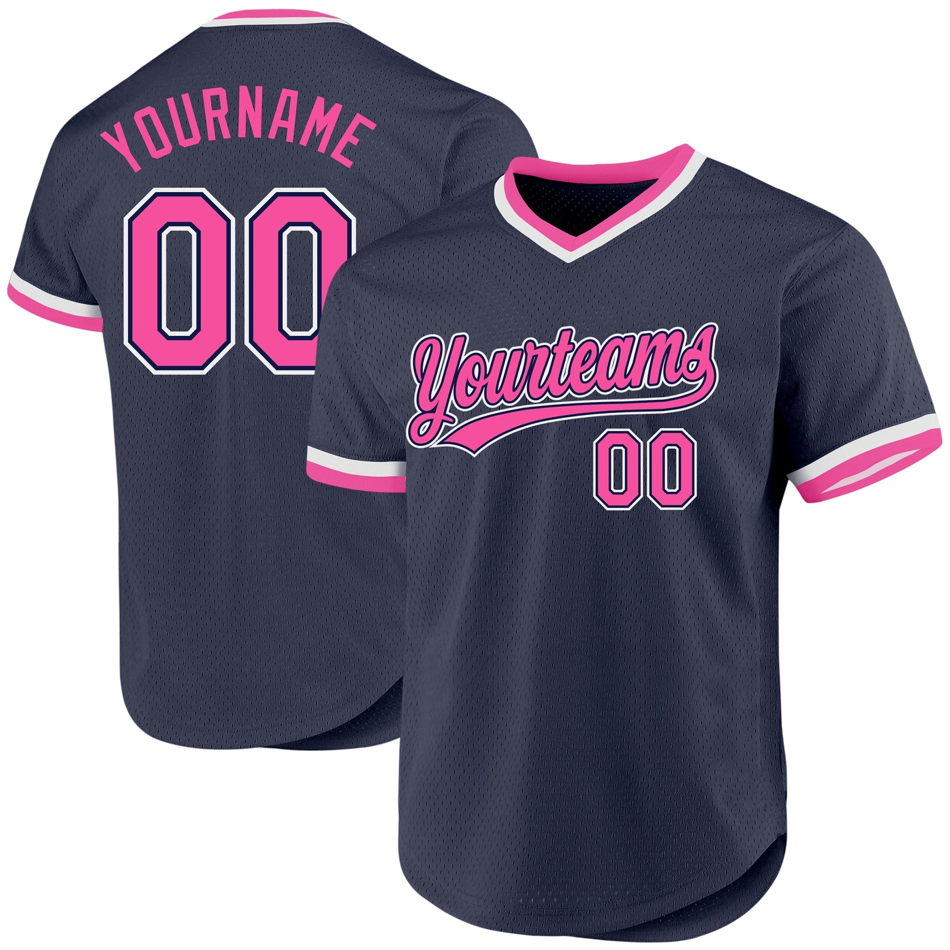 Custom Navy Pink-White Authentic Throwback Baseball Jersey baseball jersey product view 1