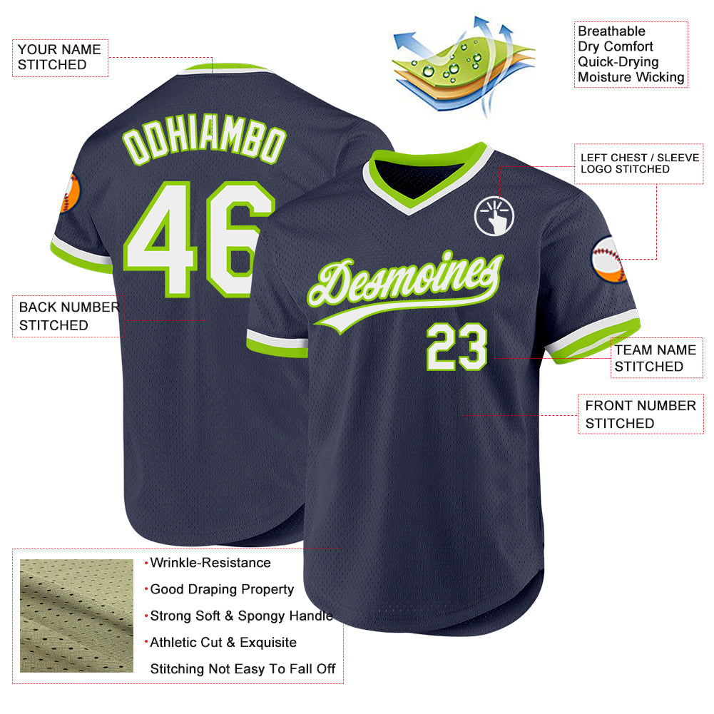 Custom Navy White-Neon Green Authentic Throwback Baseball Jersey baseball jersey product view 3