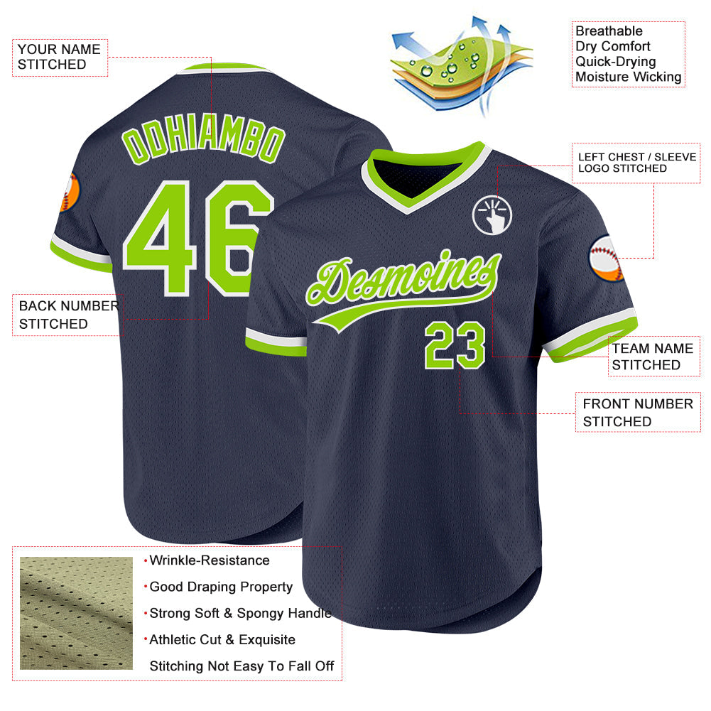 Custom Navy Neon Green-White Authentic Throwback Baseball Jersey baseball jersey product view 3