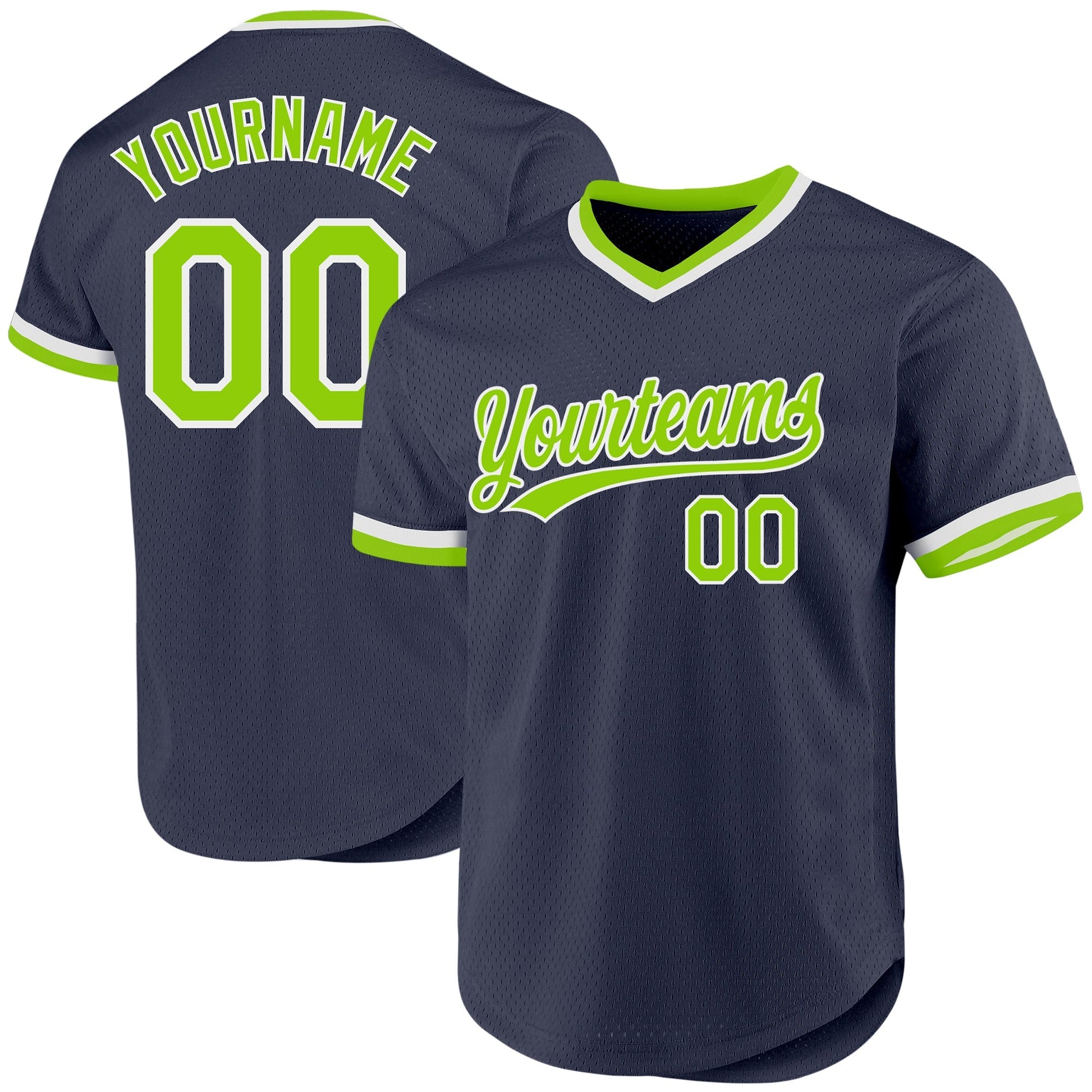 Custom Navy Neon Green-White Authentic Throwback Baseball Jersey baseball jersey product view 1