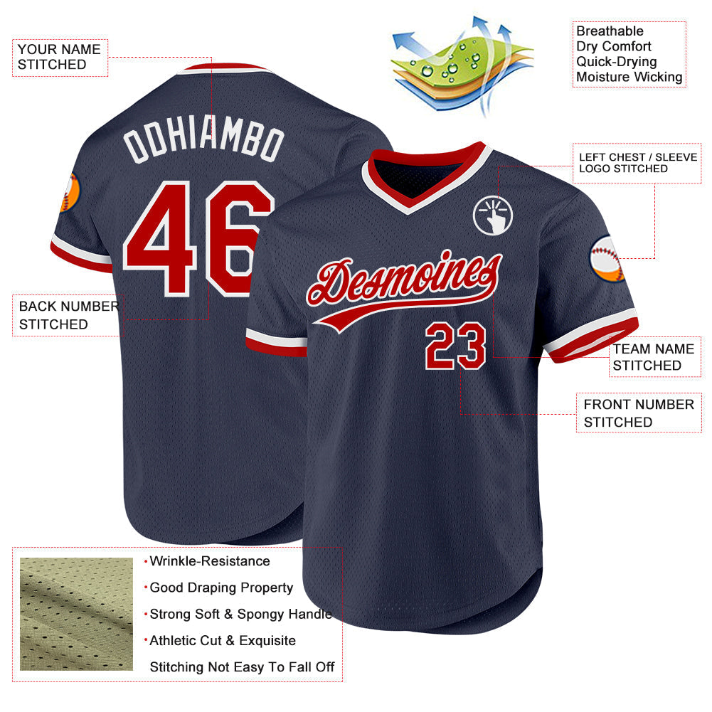 Custom Navy Red-White Authentic Throwback Baseball Jersey baseball jersey product view 3