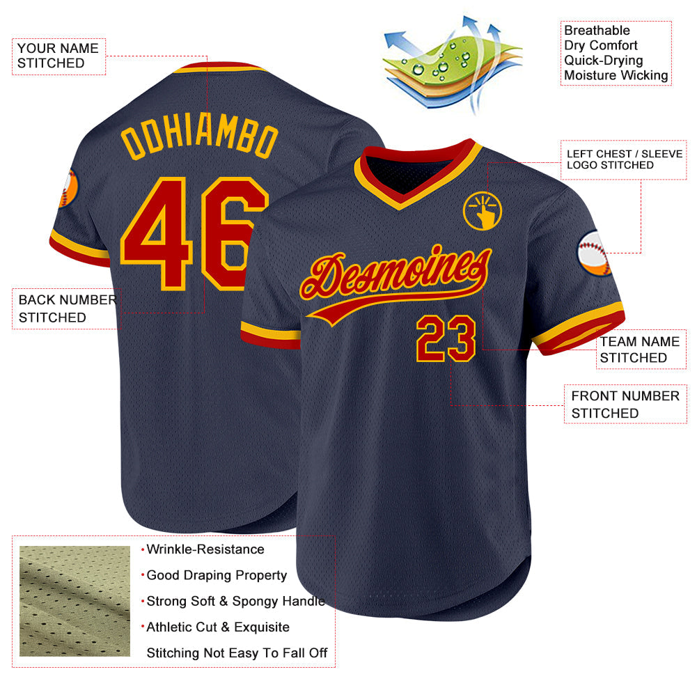 Custom Navy Red-Gold Authentic Throwback Baseball Jersey baseball jersey product view 3