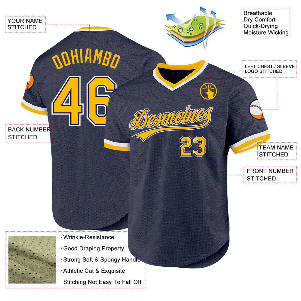 Custom Navy Gold-White Authentic Throwback Baseball Jersey baseball jersey product view 3