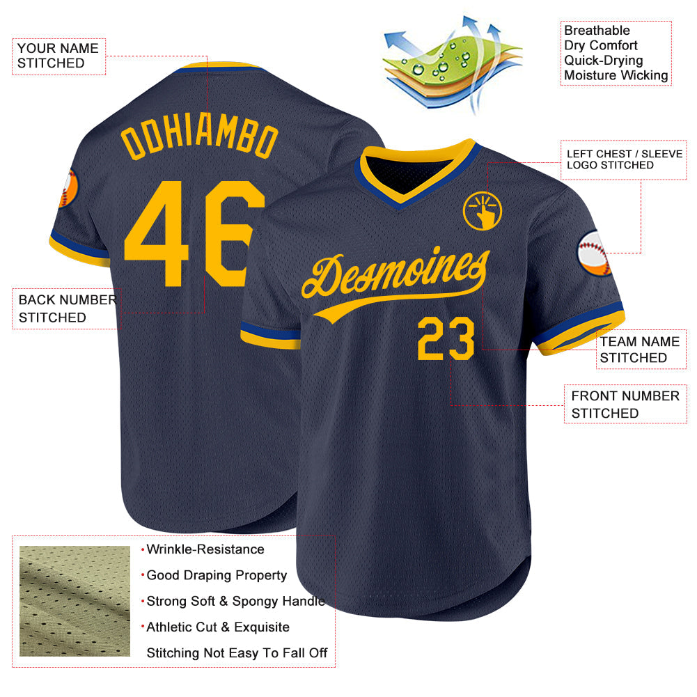 Custom Navy Gold-Royal Authentic Throwback Baseball Jersey baseball jersey product view 3