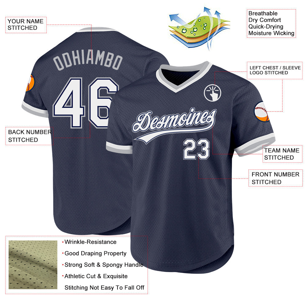 Custom Navy White-Gray Authentic Throwback Baseball Jersey baseball jersey product view 3