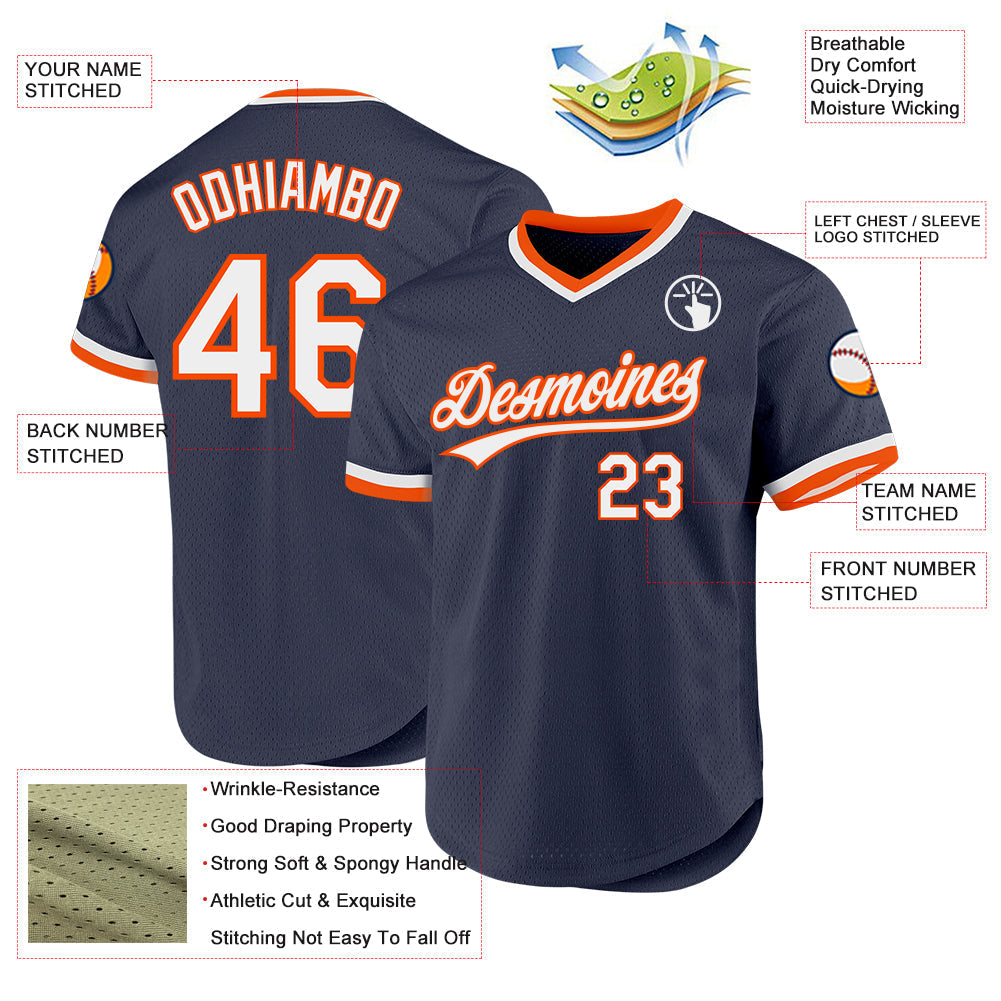 Custom Navy White-Orange Authentic Throwback Baseball Jersey baseball jersey product view 3