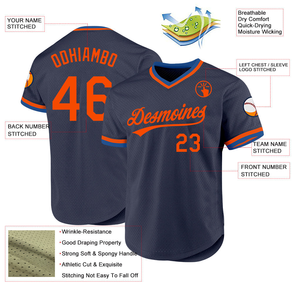 Custom Navy Orange-Blue Authentic Throwback Baseball Jersey baseball jersey product view 3
