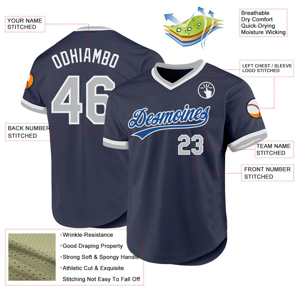 Custom Navy Gray Blue-White Authentic Throwback Baseball Jersey baseball jersey product view 3