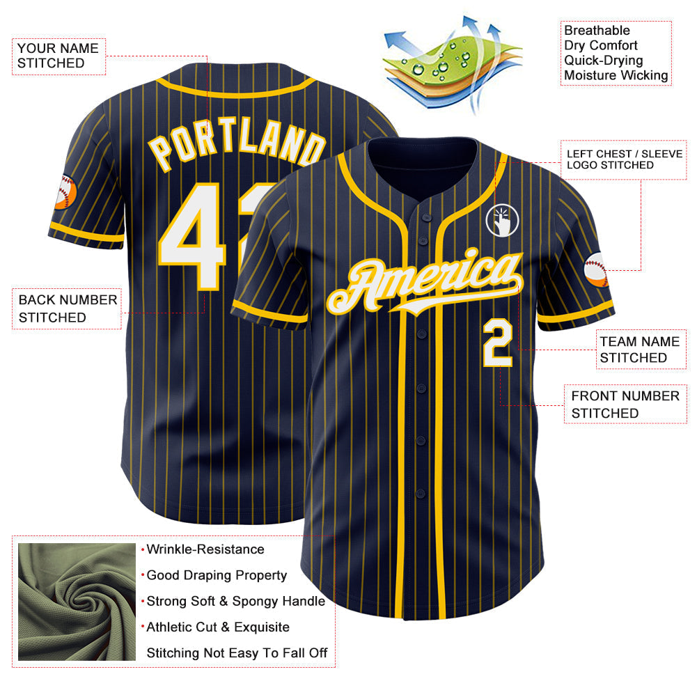 Custom Navy Yellow Pinstripe White Authentic Baseball Jersey baseball jersey product view 3