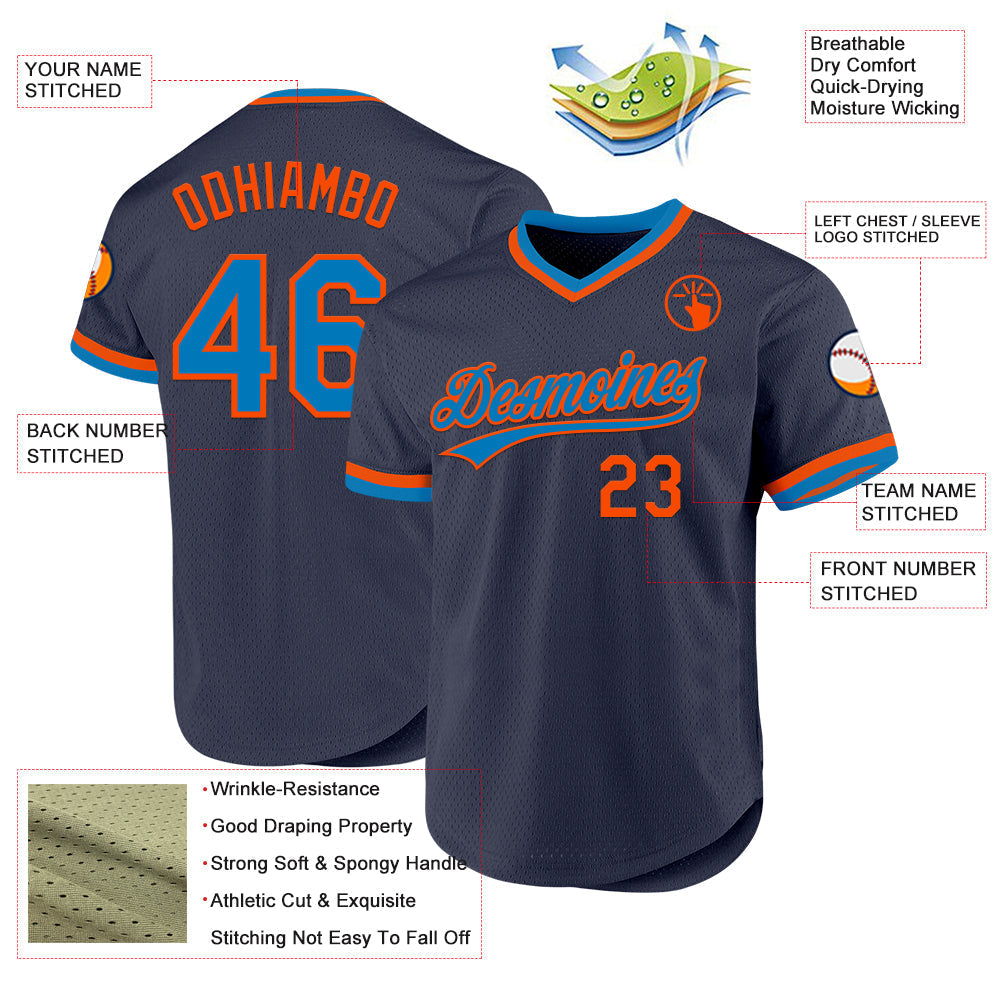 Custom Navy Blue-Orange Authentic Throwback Baseball Jersey baseball jersey product view 3