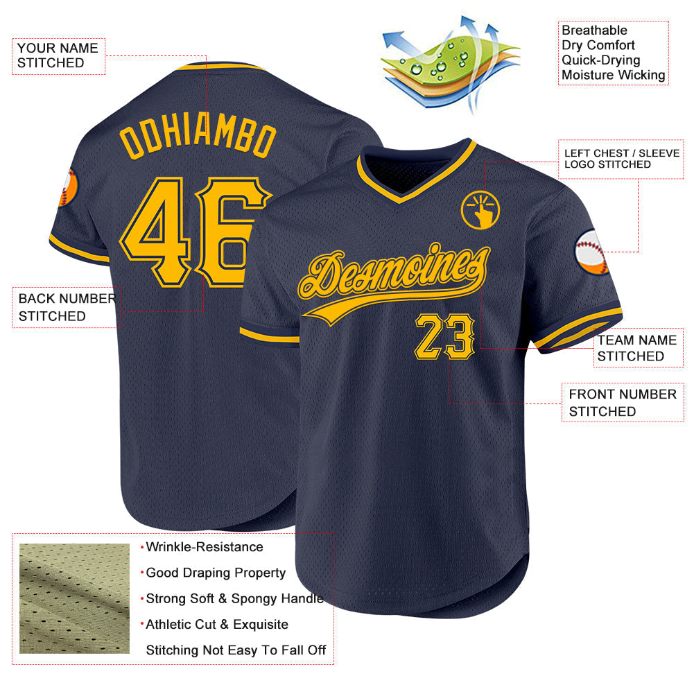 Custom Navy Gold Authentic Throwback Baseball Jersey baseball jersey product view 3