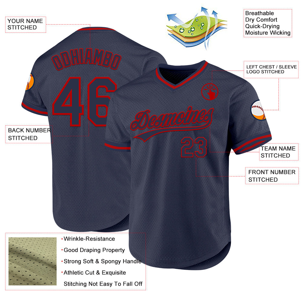 Custom Navy Red Authentic Throwback Baseball Jersey baseball jersey product view 3