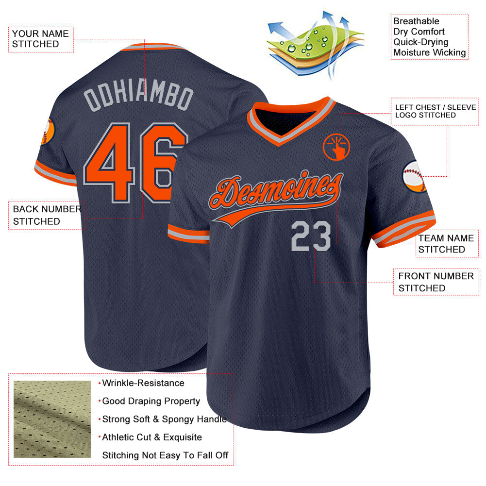 Custom Navy Orange-Gray Authentic Throwback Baseball Jersey baseball jersey product view 3