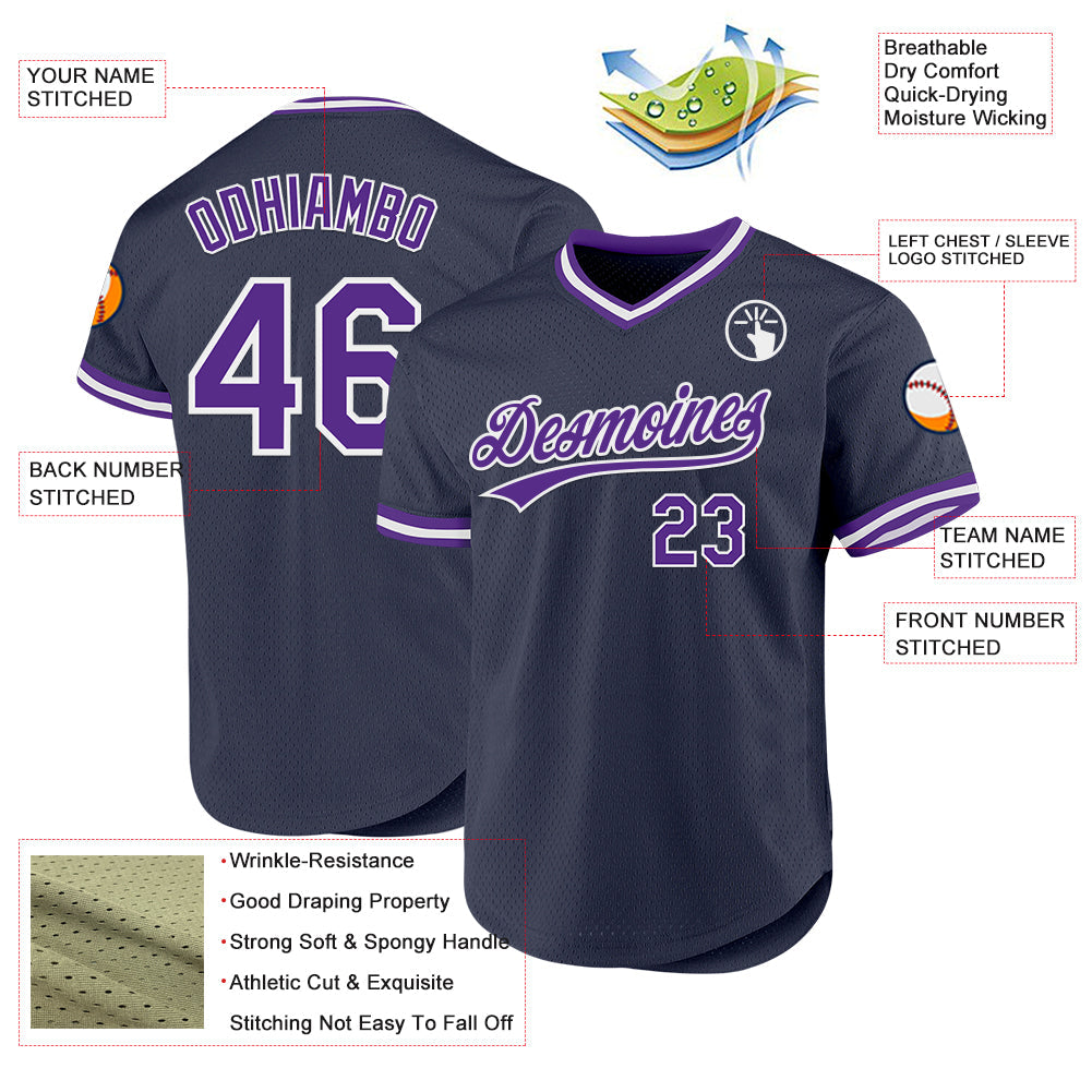Custom Navy Purple-White Authentic Throwback Baseball Jersey baseball jersey product view 3