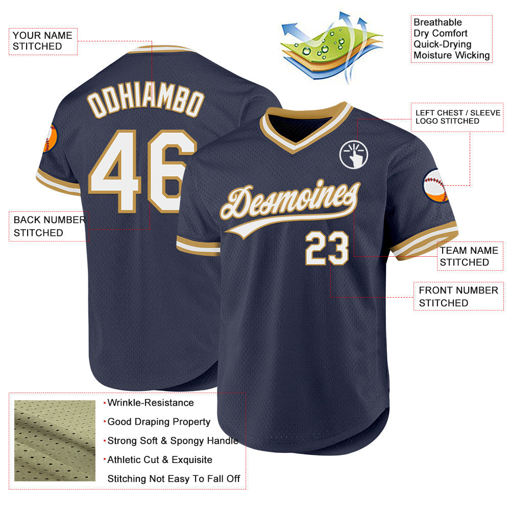 Custom Navy White-Old Gold Authentic Throwback Baseball Jersey baseball jersey product view 3