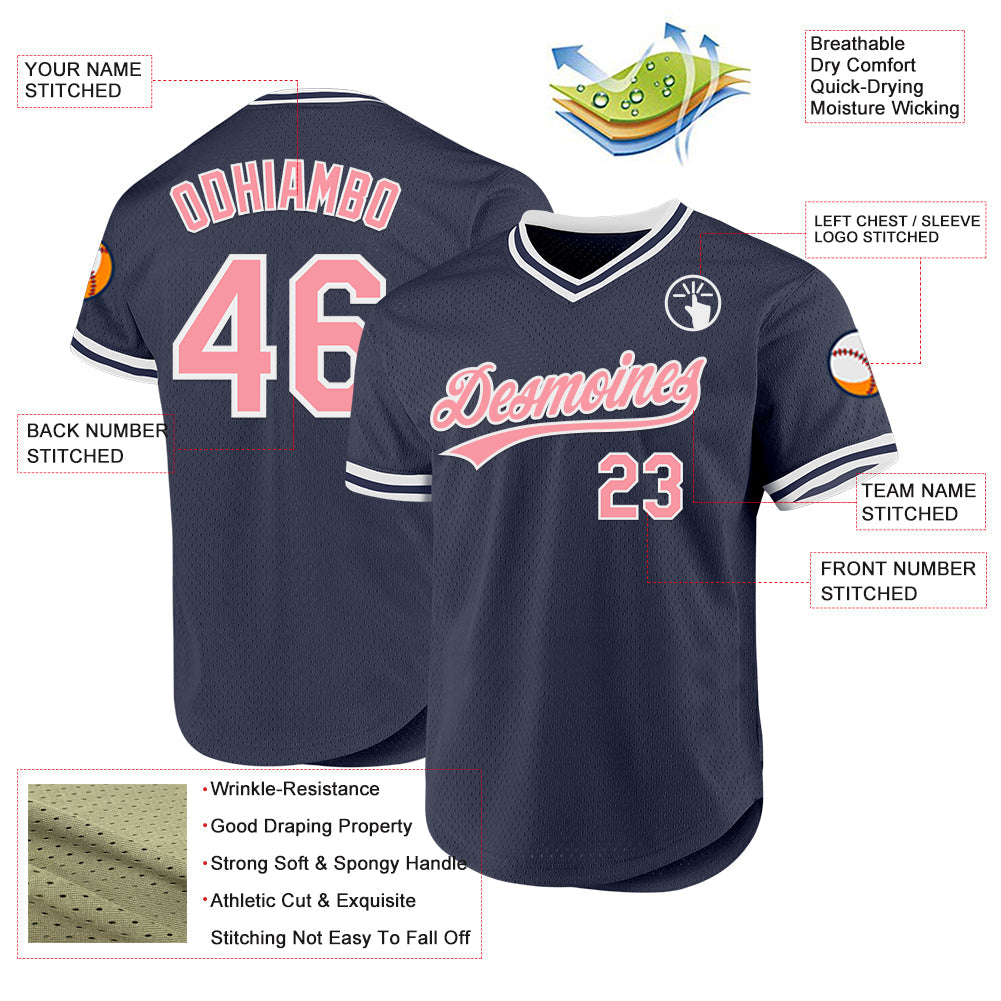 Custom Navy Medium Pink-White Authentic Throwback Baseball Jersey baseball jersey product view 3