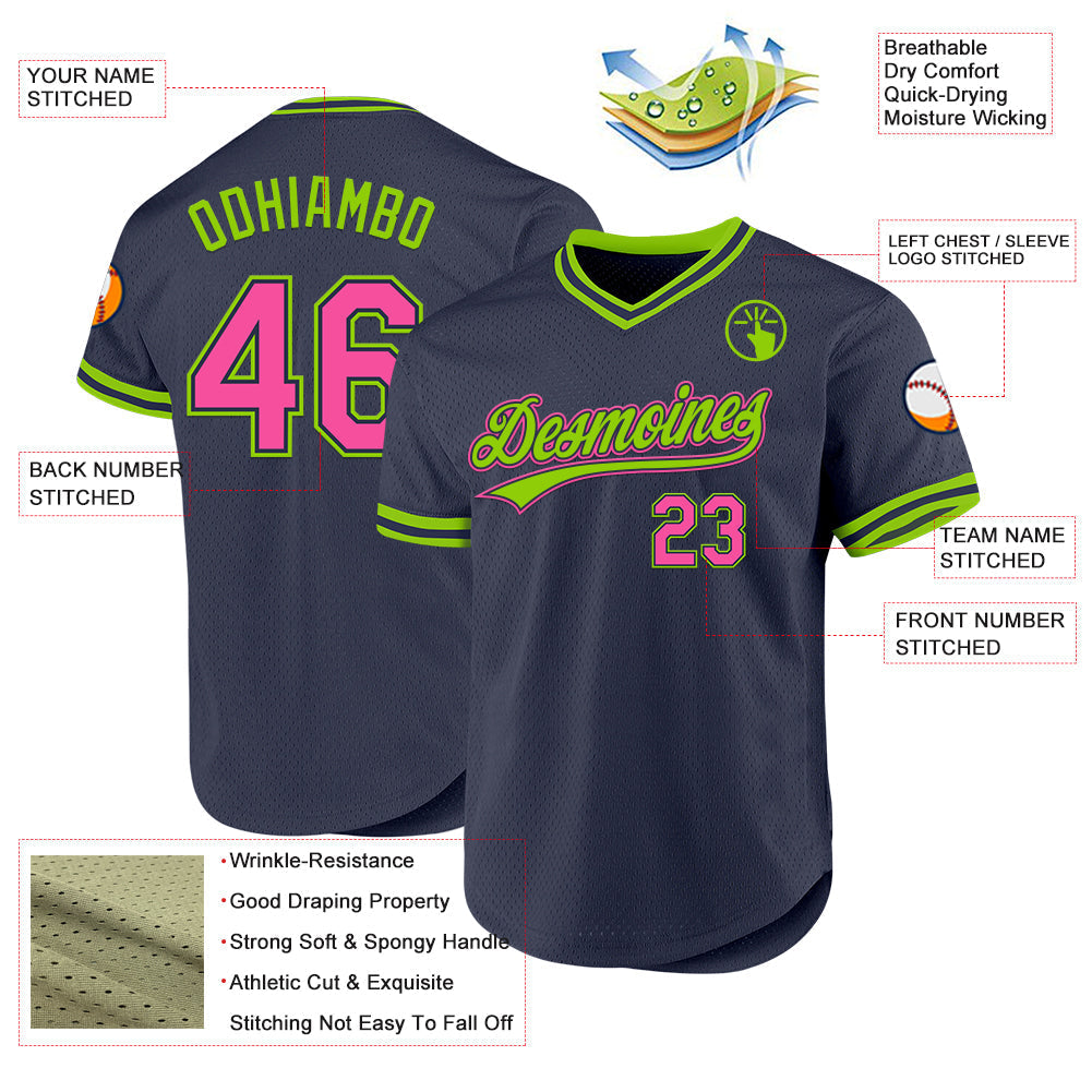 Custom Navy Pink-Neon Green Authentic Throwback Baseball Jersey baseball jersey product view 3