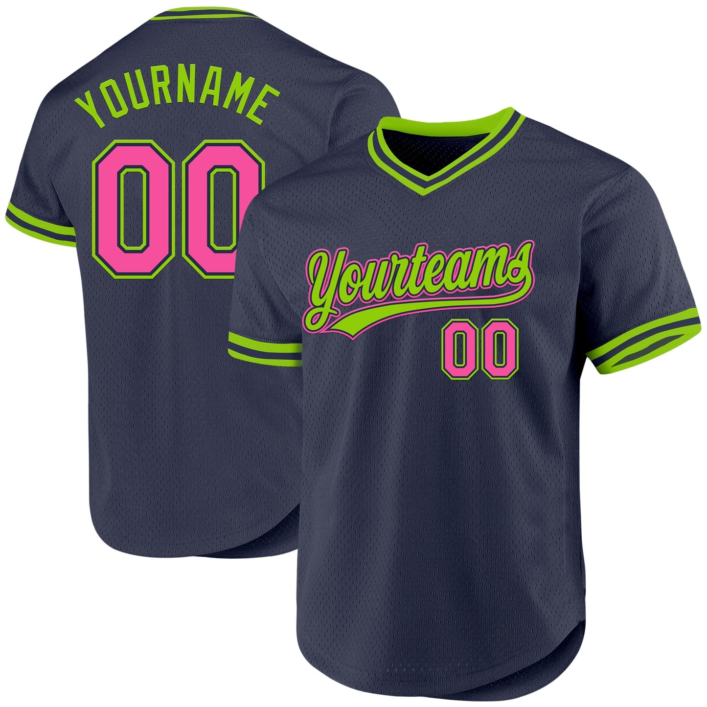 Custom Navy Pink-Neon Green Authentic Throwback Baseball Jersey baseball jersey product view 1