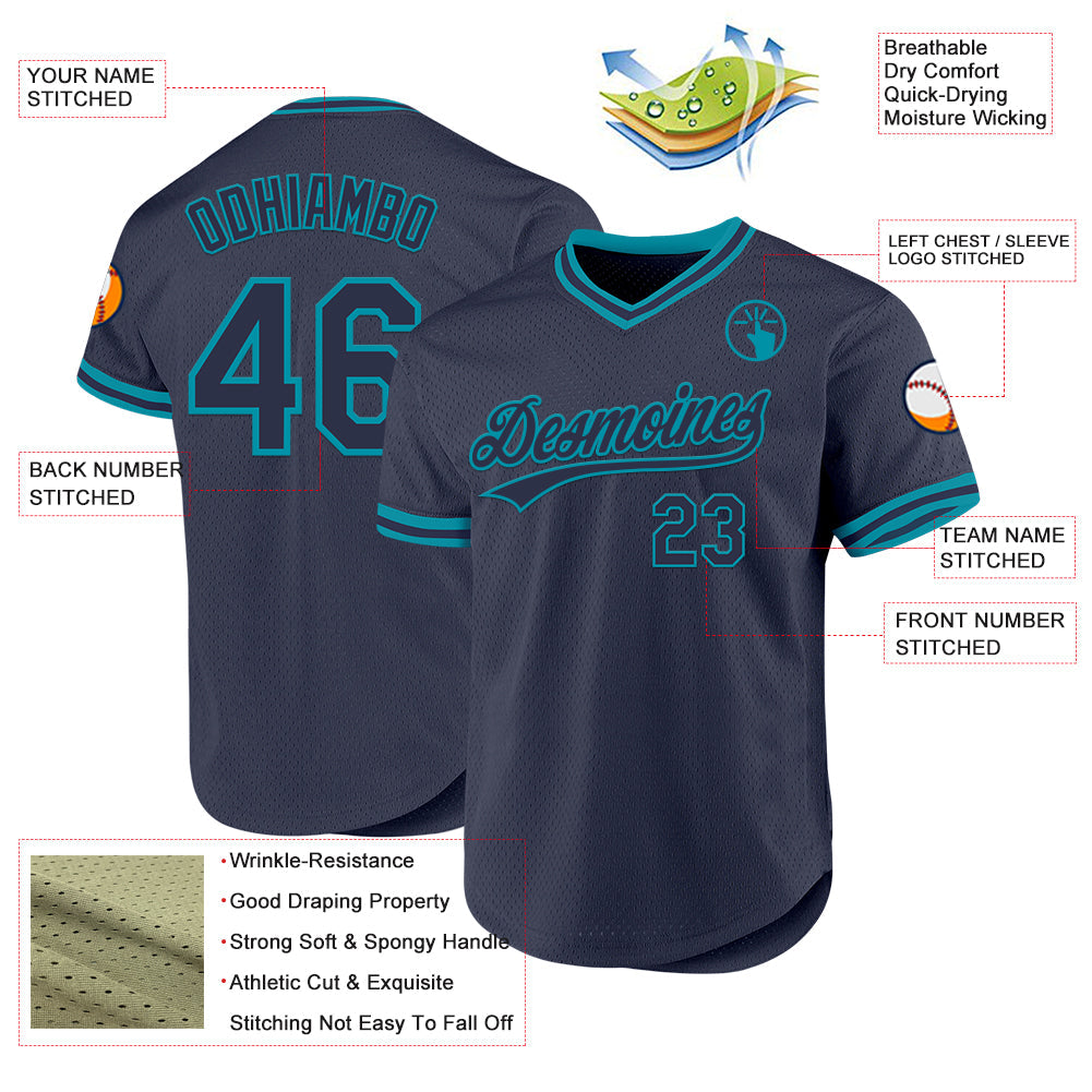Custom Navy Teal Authentic Throwback Baseball Jersey baseball jersey product view 3