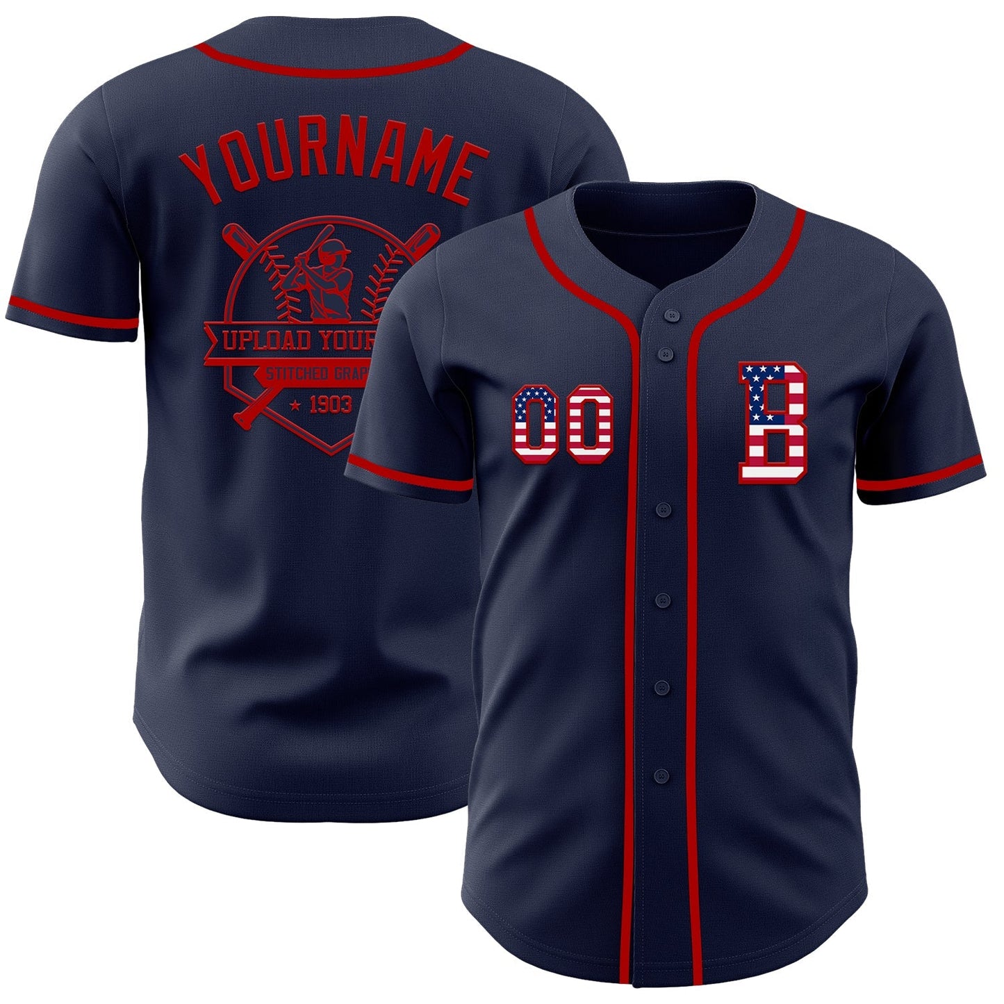 Custom Navy USA Flag-Red Authentic Baseball Jersey baseball jersey product view 5