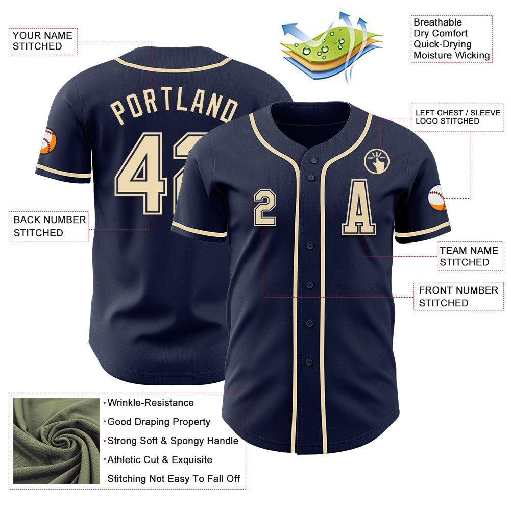 Custom Navy Cream Authentic Baseball Jersey baseball jersey product view 2