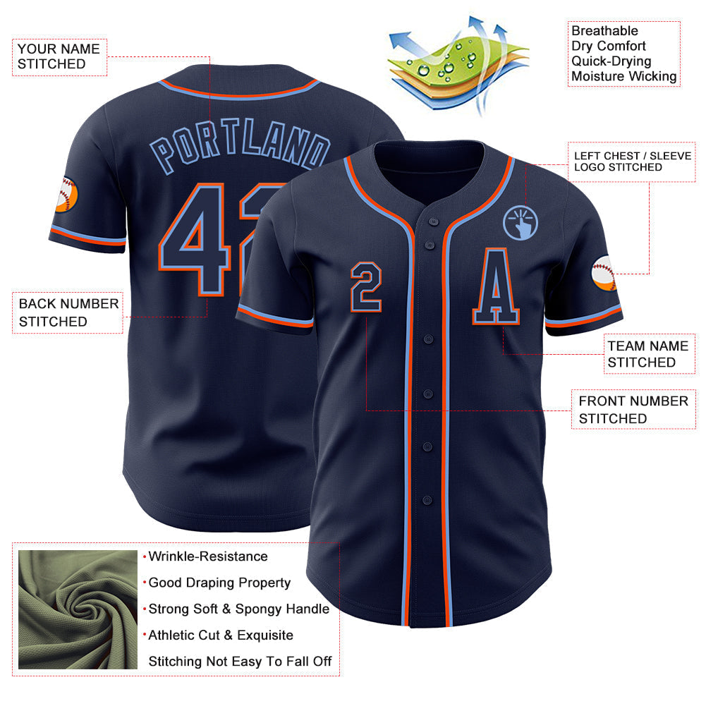 Custom Navy Powder Blue-Orange Authentic Baseball Jersey baseball jersey product view 2
