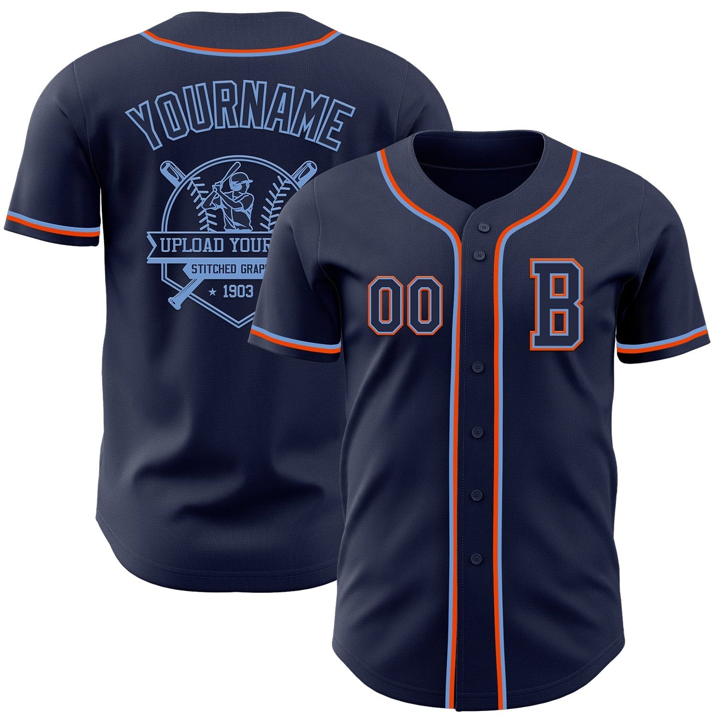 Custom Navy Powder Blue-Orange Authentic Baseball Jersey baseball jersey product view 5