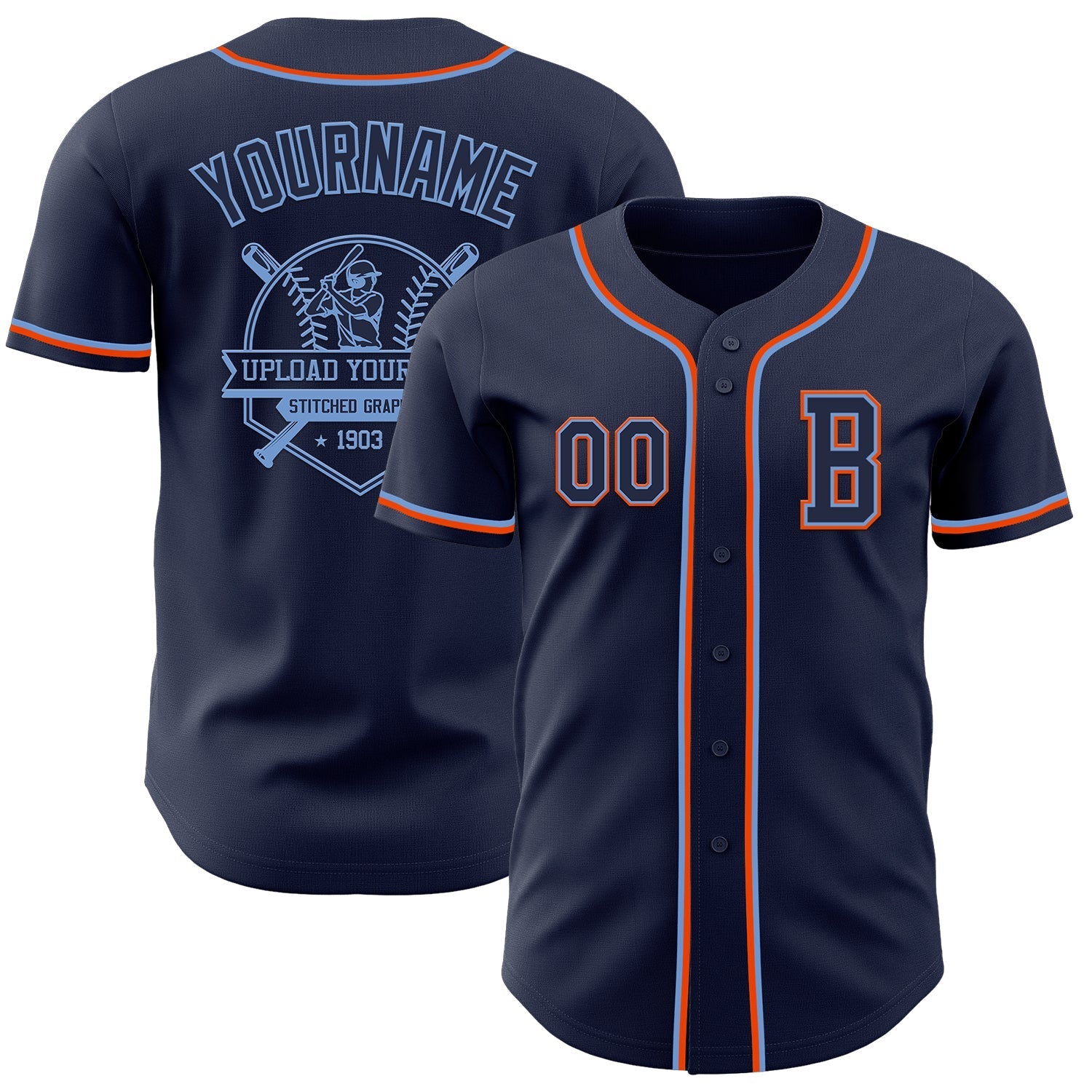 Custom Navy Powder Blue-Orange Authentic Baseball Jersey baseball jersey product view 5