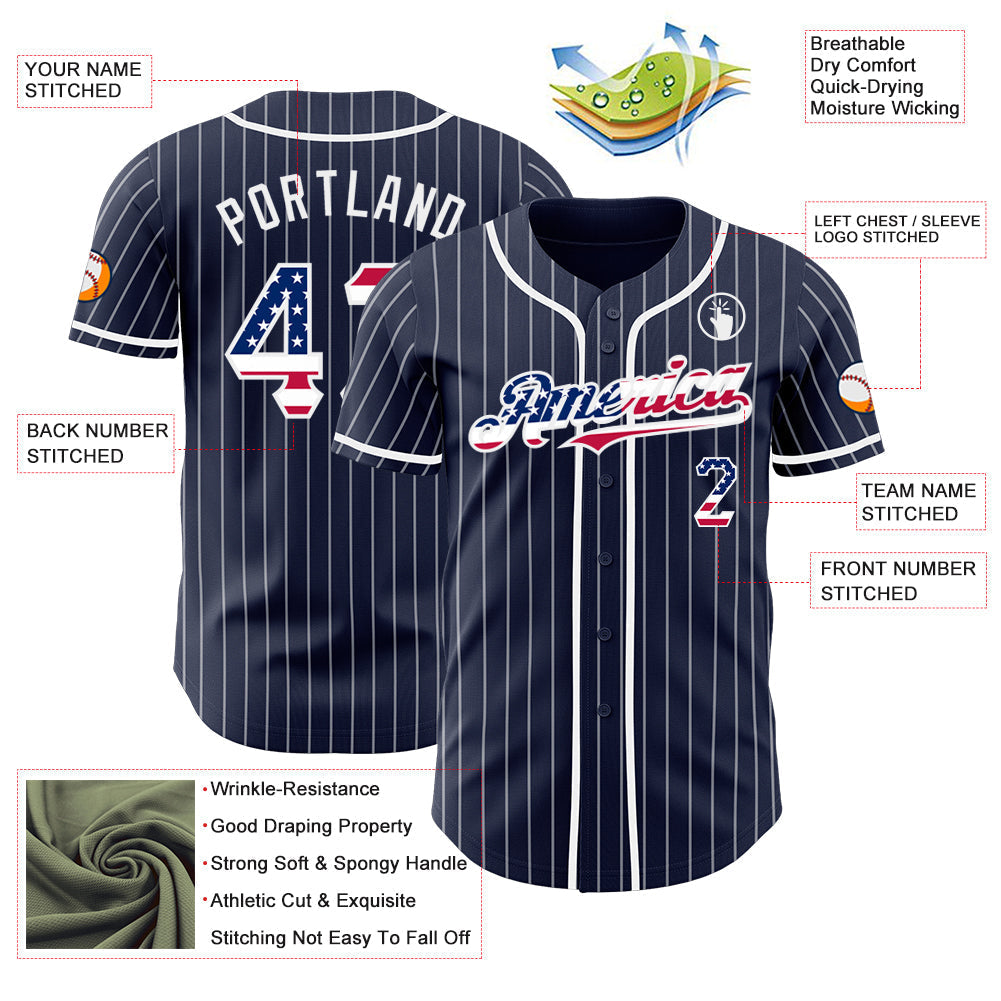 Custom Navy White Pinstripe USA Flag Authentic Baseball Jersey baseball jersey product view 3