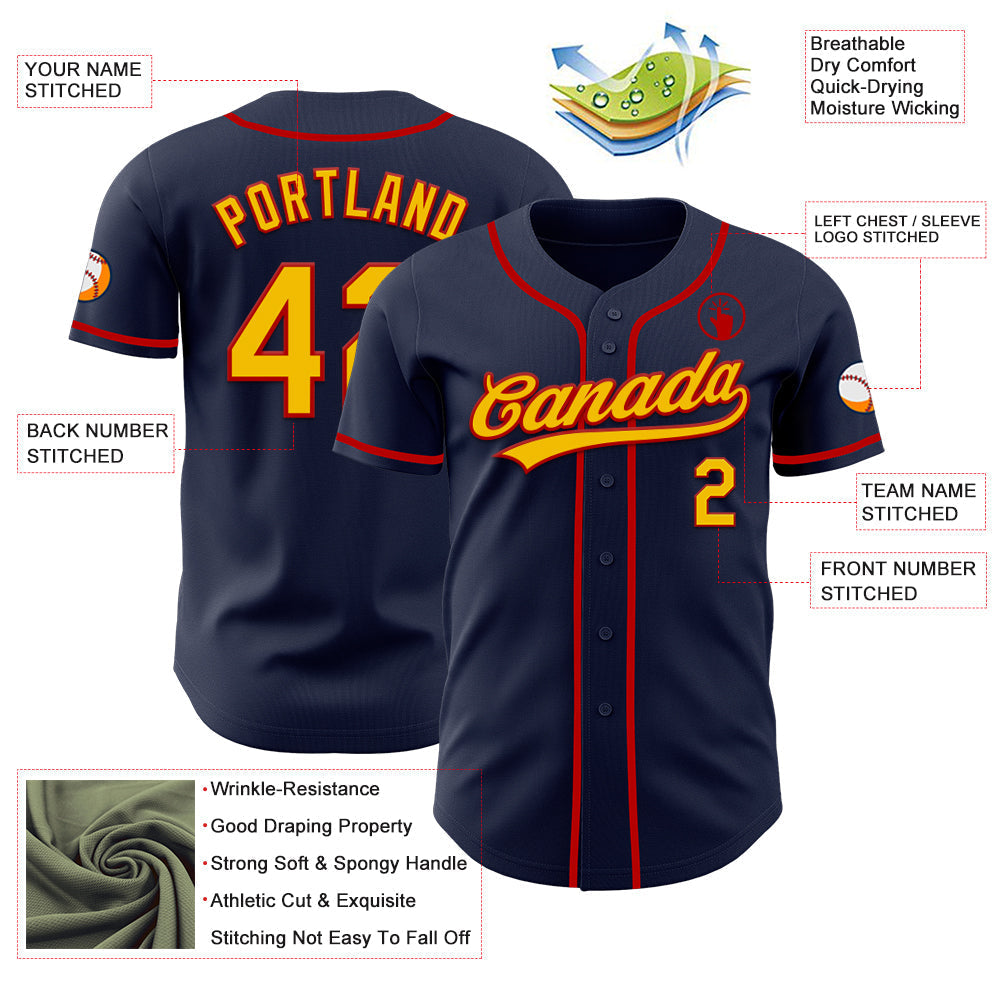 Custom Navy Yellow-Red Authentic Baseball Jersey baseball jersey product view 3